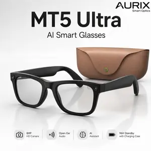 MT5 Ultra AI Smart Glasses with 8MP HD Camera, First-Person Video Recording, Open-Ear Audio, Real-Time Translation, Voice Assistant, Leather Charging Case for Travel and Daily Use, Multifunctional Smart Glasses