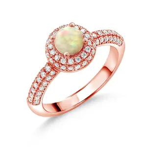18K Rose Gold Plated Silver Gemstone Birthstone and White Moissanite Halo Engagement Ring For Women | Round 5MM | Wedding Anniversary Promise Ring | Available In Size 5, 6, 7, 8, 9