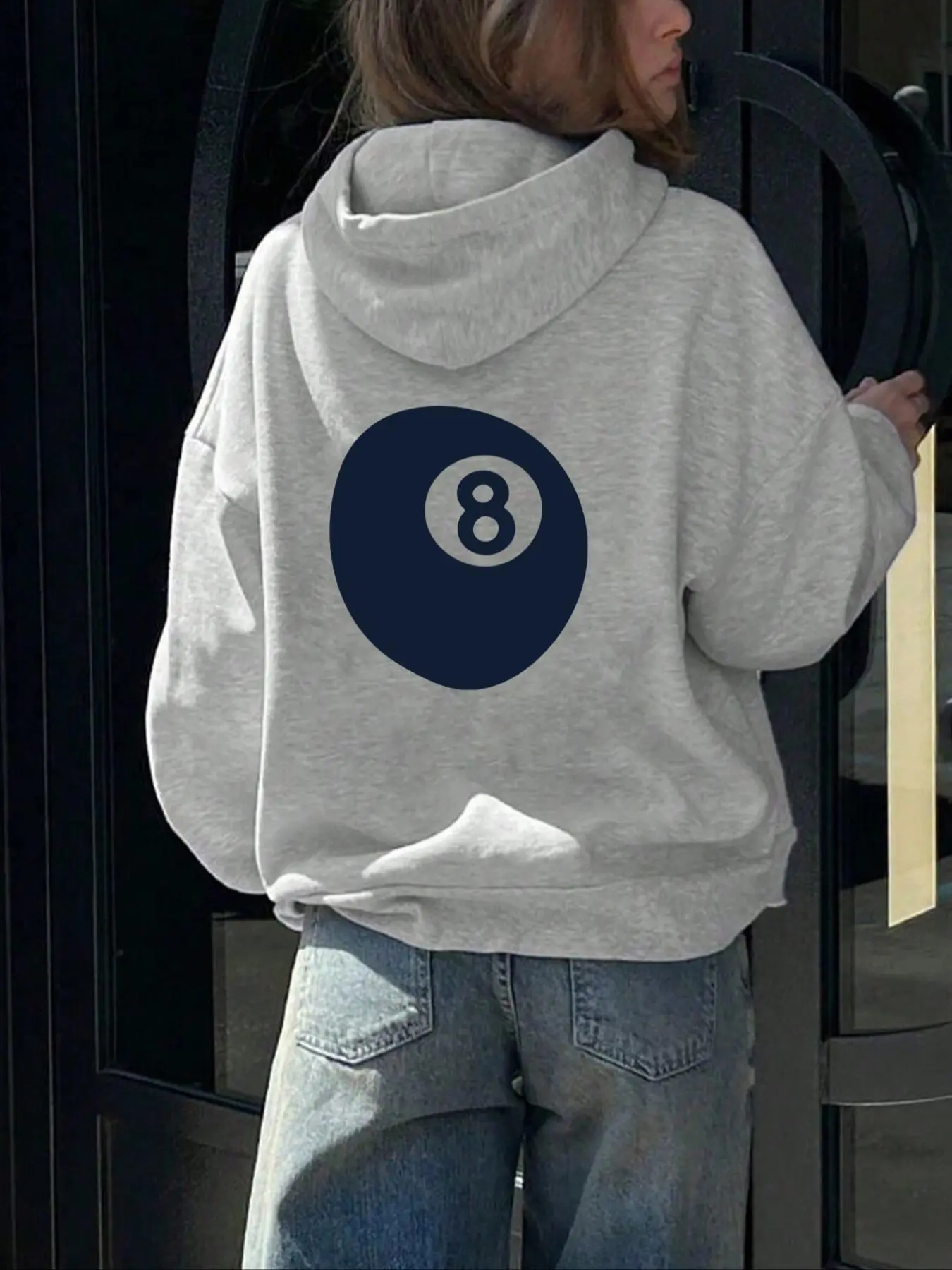 Women's Billiard Ball Print Drop Shoulder Hoodie, Fashion Casual Drawstring Pocket Hooded Sweatshirt for Daily Holiday Outdoor Wear, Women Clothing for Fall & Winter, Graphic Print Hoodie