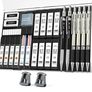 Four Candies 27PCS Art Mechanical Pencil Set with Case, 4PCS Metal Drawing Pencil 0.3, 0.5, 0.7, 0.9 mm & 2PCS 2mm Lead Holder (HB 2H 2B 4B Color) with 552 Graphite Lead Refills for Drawing Sketching Back To School