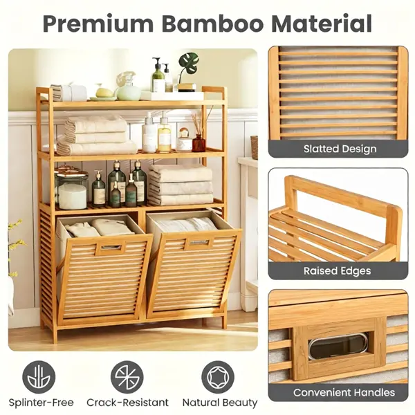 Natural Bamboo Tilting-Type Laundry Hamper Cabinet - Laundry Storage Organizer with 2 Removable 7-Gal Fabric Baskets, Ventilated Slatted Sorter, Open Storage Shelves, Anti-Tip Organizer for Bathroom