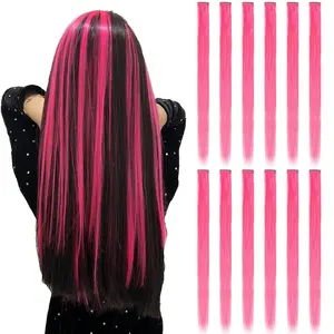 12 count Colored Hot Pink Hair Extensions - Straight Multicolor Clip In - 22 Inch Rainbow - Kids/Women's Gifts - Halloween/Parties - Highlights