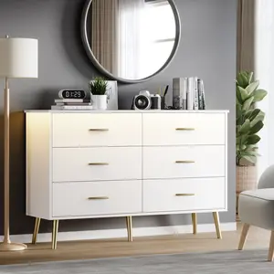 Furniture cabinet with 6 Drawer,Dresser for Bedroom, Chests of Drawers,Wide Long Clothes Organizer with LED Light for Hallway, Entryway, Metal Handles fathers day gift ideas