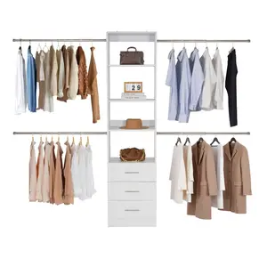 VEVOR Closet System with 3 Drawers, Adjustable Height Wooden Closet Organizers, Modern Walk - in Wardrobe Organization with 3 Retractable Clothes Hanger Rods, Freestanding Garment Rack Storage, WhiteVEVOR Super Brand Day