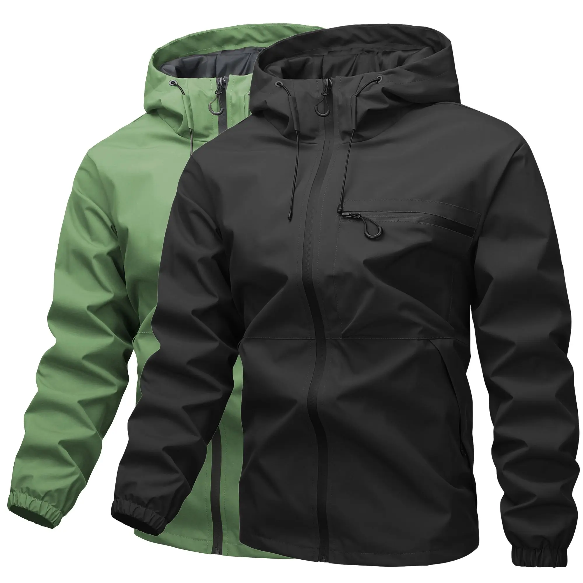Men’s 2-Color Hooded Softshell Jacket, Outdoor Mountaineering Coat with Diagonal Waterproof Zipper Chest Pocket, Adjustable Drawstring Hood, Elastic Cuffs, Lightweight Design