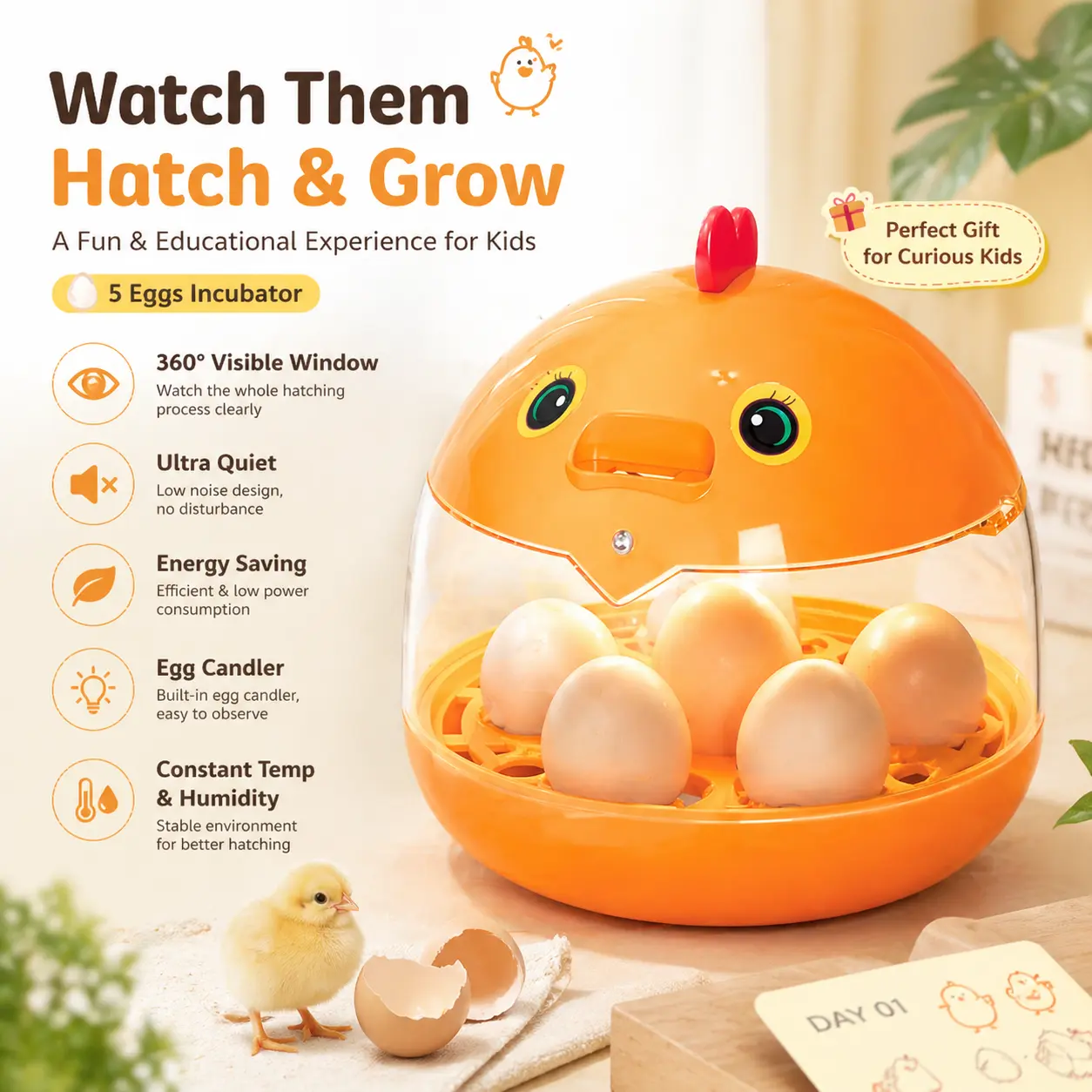 5-Egg Mini Incubator with 360° Visible Window & Built-in Egg Candler | Home