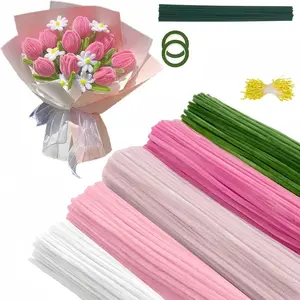 500 Pcs Pipe Cleaner Flower kit with Wrapping Paper, 5 Colors Pipe Cleaners Craft,DIY Rose Flower, Handicraft,  Chenille Stems Flowers Craft kit with Flower Stems, Floral Tape, Stamen