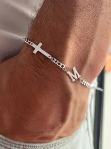 Men's Cross Initial Letter Bracelet, Classic Silver Color Stainless Steel Cuban Chain, Casual Style, All Seasons, Cuban Chain Bracelets, Cuban Link Bracelet