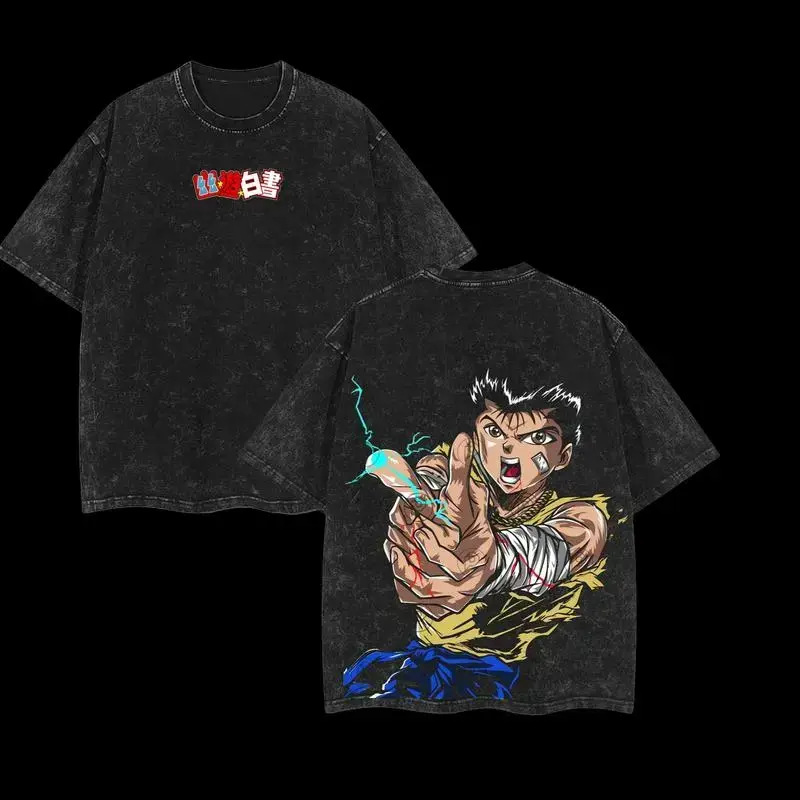 Menswear Yusuke Urameshi Yu Yu Hakusho Anime Unisex Oversized Soft Classic Cotton T-Shirt - Ribbed Seamless Shortsleeve Top, Double-Printed Vintage Washed Heavyweight Fabric Apparel