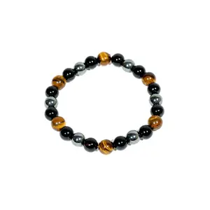 Triple Protection Bracelet with Tigers Eye Hematite & Obsidian for Adults Enhances Confidence and Energy Field (7.5 inches)