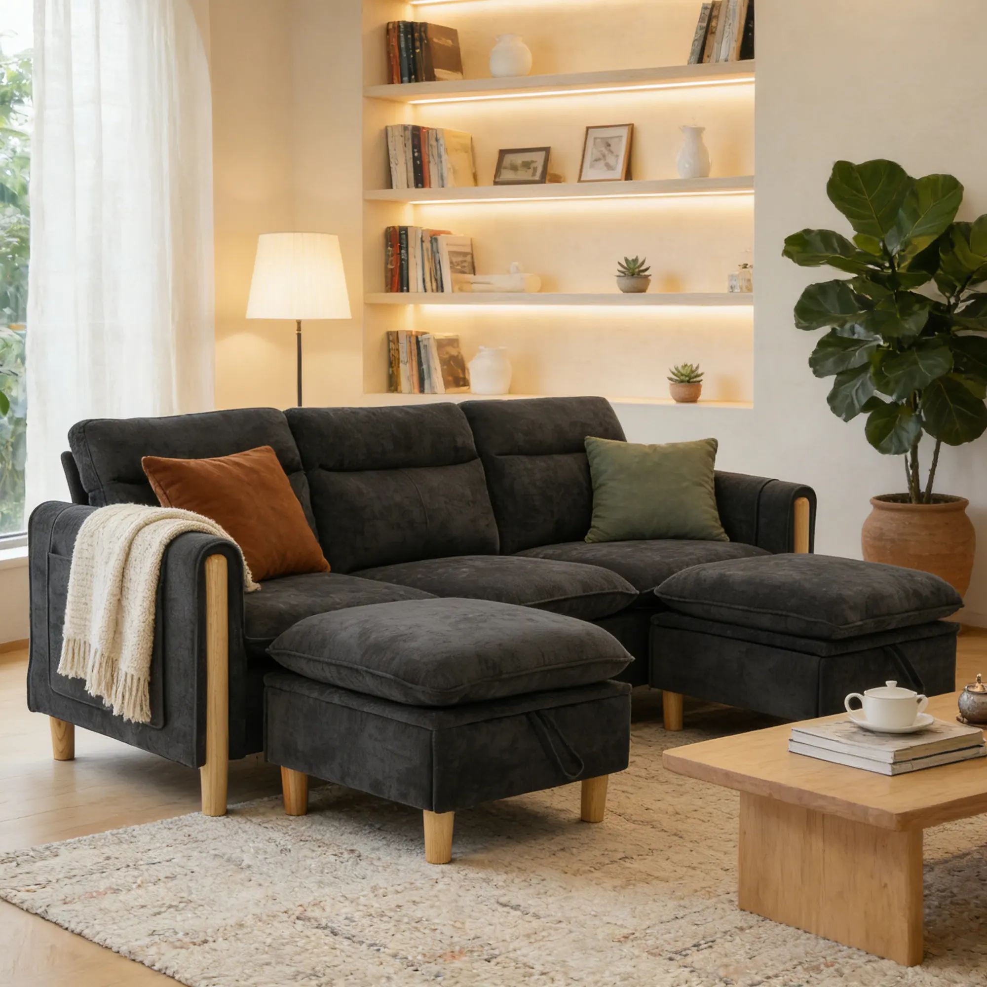 Cloud Plush 79.5" Full Length 3-Seater L-Shaped Chenille Sectional Sofa with Fixed Arms, Storage Ottoman, Optional 1-2 Lift-Top Storage Footstools, Solid Wood Frame, Side Pocket, 800 LBS Capacity Modular Couch for Tiny Living Spaces