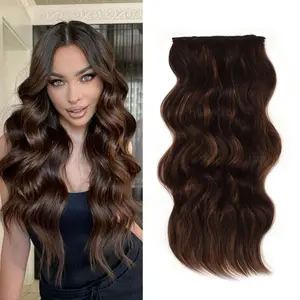 Qbeauty Women's Synthetic Hair Wigs, Dark Brown with Brown Highlights 4PCS Long Wavy Clip-in Hair Extensions, Thick Double Weft Natural Synthetic Hairpieces