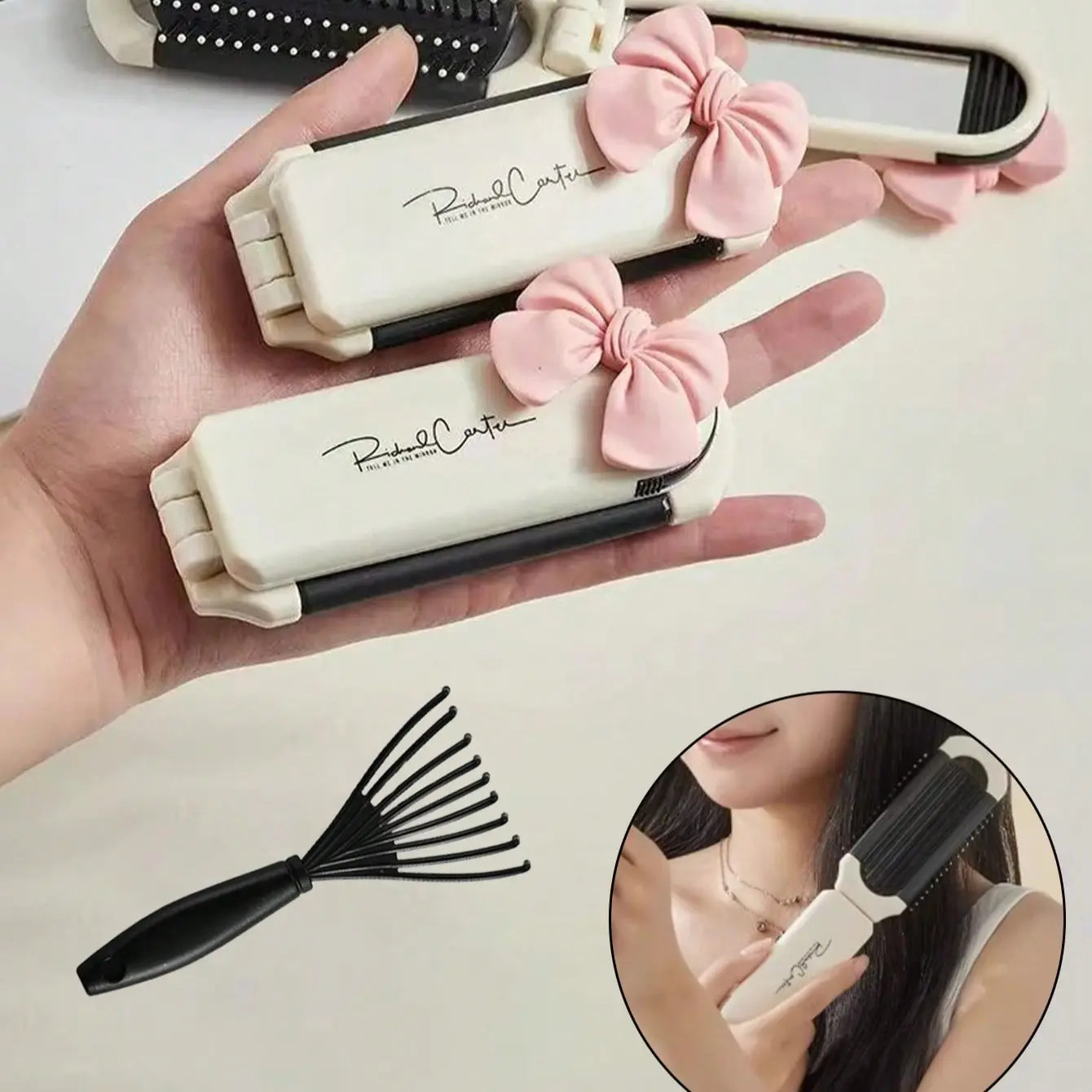 Portable Folding Hair Brush Set with Mirror, Pig Bristle Cleaning Comb, Lightweight Luxurious Massage Comb, Travel Gift