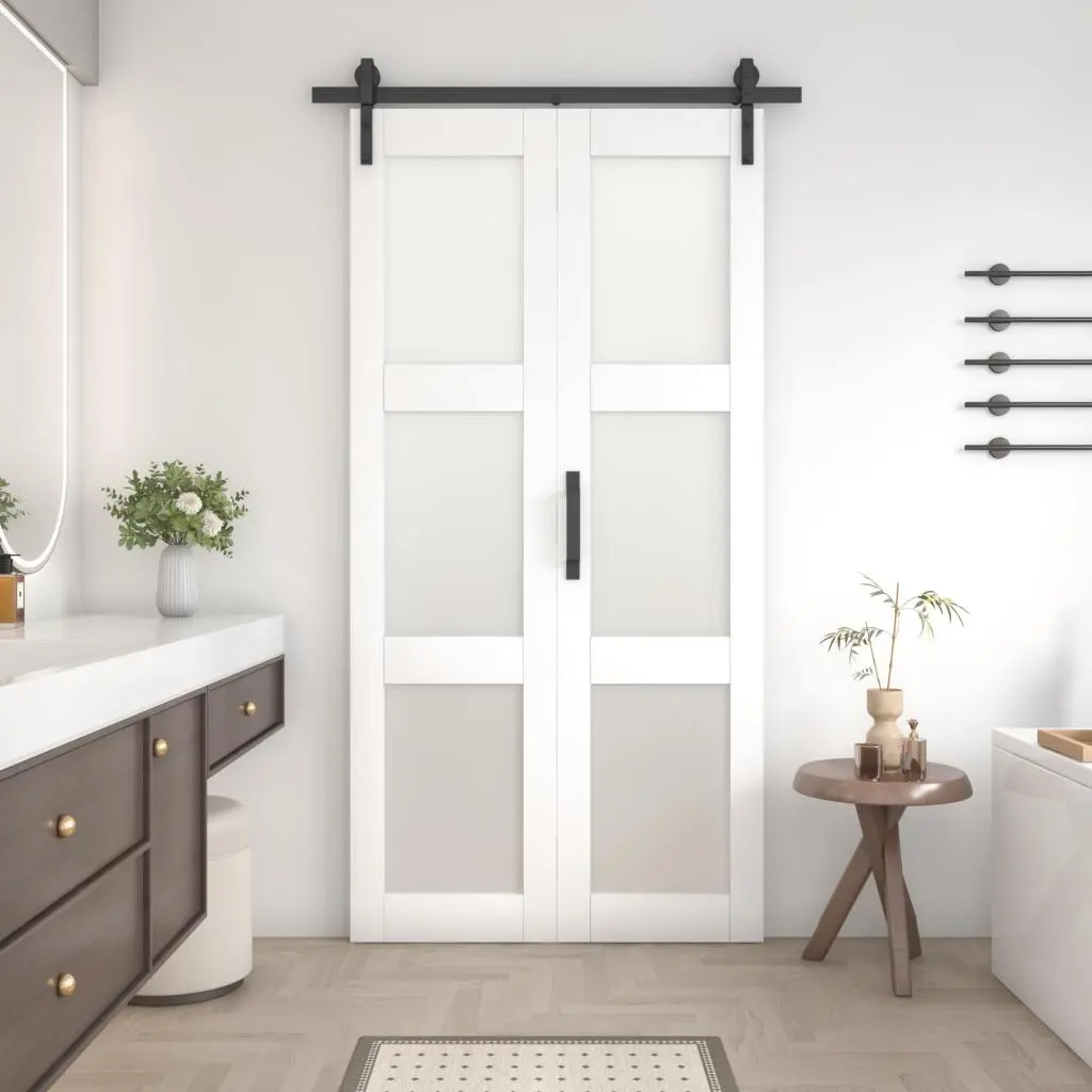 White PVC 3-Lite Bifold Frosted Glass Indoor Slide Door - Privacy-Focused, Allows Natural Light, for Pantry & Bathroom, Complete Hardware Kit with Handle & Floor Guides, Pre-Drilled Holes, Easy Assembly, Installation Manual Included