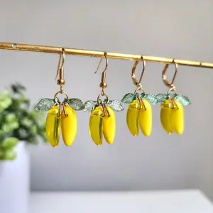 Banana Earrings,handmade banana fruit dangle earrings, Czech glass fruit and food fun earrings