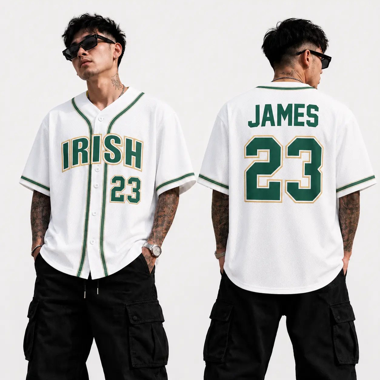 Irish 23 Baseball Jersey – White Green Short Sleeve Button Down Sports Shirt, Vintage Irish Inspired Graphic Jersey, Unisex Game Day Apparel