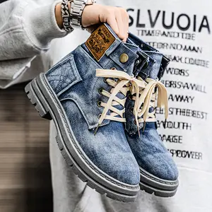Men's mid cut denim cloth motorcycle boots, breathable sports and casual shoes, anti slip workwear boots, British style fashion boots