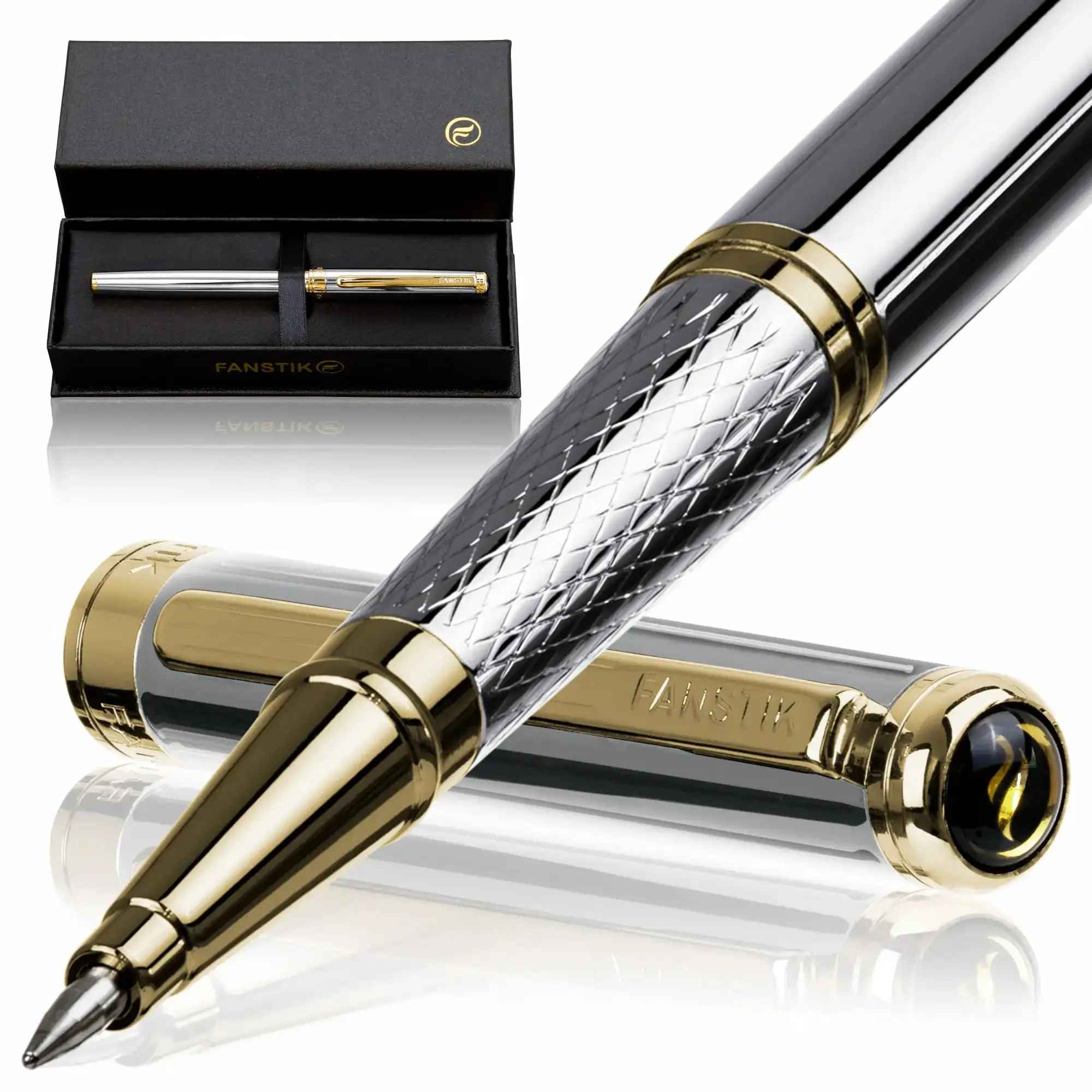 Fanstik Excelltus Rollerball Pen — 24K Gold Plated, Silver and Gold, Cap-off design, Luxury Gift Box (Lux Rollerball Silver-Gold)