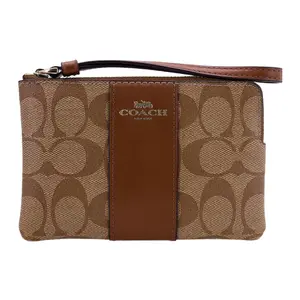 Coach Corner Zip 16 Wristlet Clutch Wallet for Women, Monogram Canvas with Leather Trim, Brown