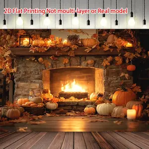 2D Flat Banner: Thanksgiving Fireplace, Pumpkin, Autumn Leaves, Haystack, Sunflower, Warm Bonfire Scene, Harvest Party Decorations, Countryside Autumn Harvest Scene, Living Room, Outdoor Gathering, Party, Autumn Background, Thanksgiving Banner