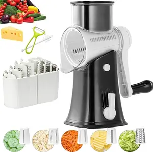 Rotary Cheese Grater Hand Crank Kitchen Shredder Speed Mandolin Slicer Ice Shaver with Handle 5 Drum Blades for Cheese Vegetables Nuts Chocolate Potato Carrot Durable Black