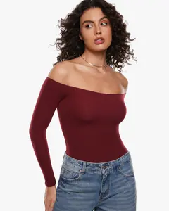 INLYRIC Women's Inbarely Soft Off The Shoulder Double Lined Long Sleeve Tops Going Out Slim Fitted Sexy Trendy T-Shirts