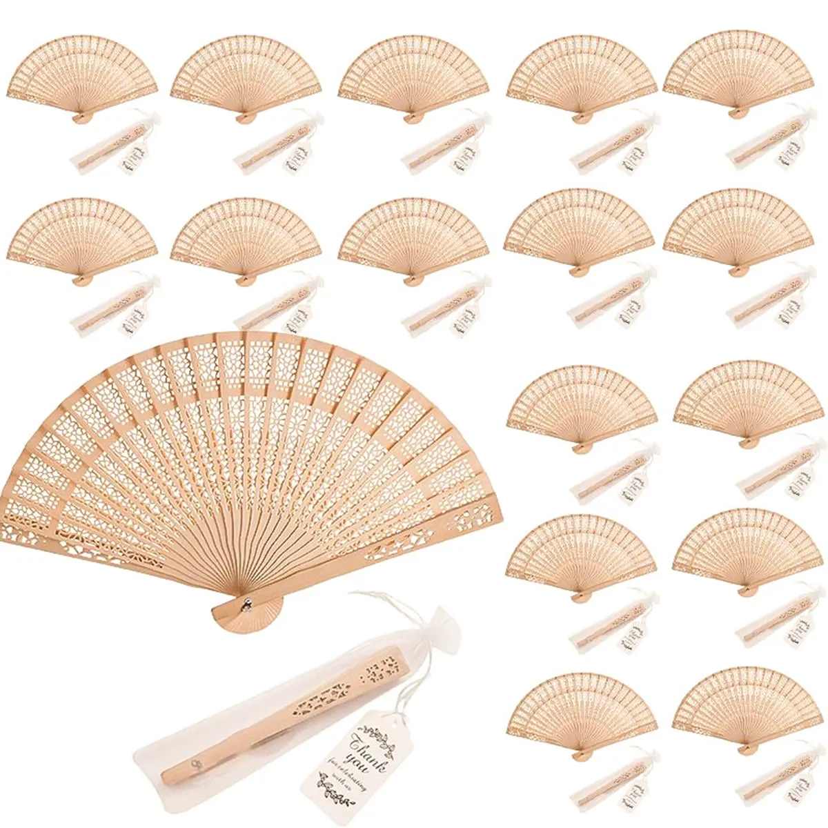 Women's 20 Sets Lightweight Compact Wooden Folding Hand Fans - Bamboo Silk Vintage Chinese Japanese Fans for Bridal Shower, Room Decoration, Performance, Includes Cards, Party Favor Gift