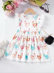 Girls' Casual Frilled Dress Animal Print Colorful Ruffle Round Neck Short Sleeve Knee-Length Dress, Valentine's Day Gift, Summer Cute Fashion