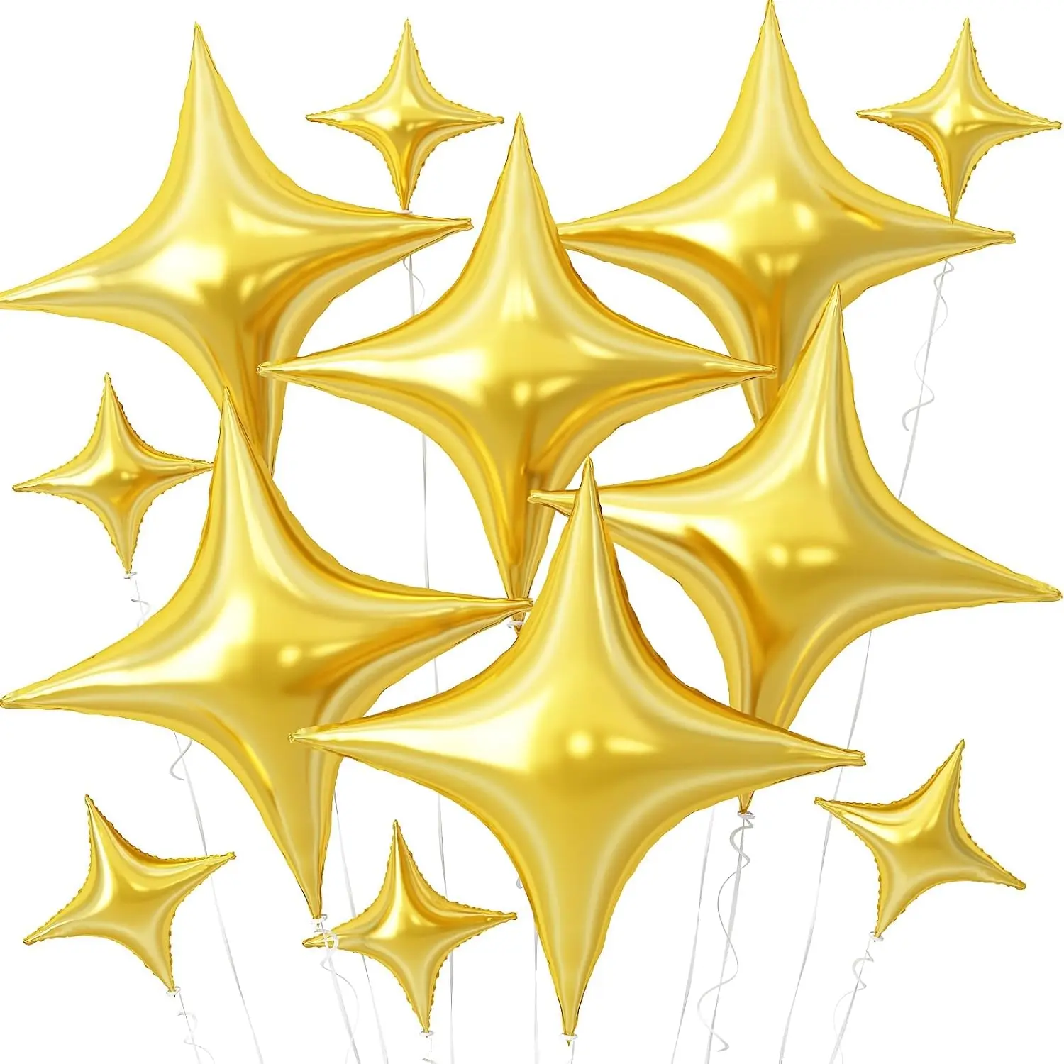 12-Piece Gold Star Foil Balloons – 26" & 10" 4-Point Diamond Stars – Helium or Air Fillable – Birthday, Graduation, Wedding Party Decor Aluminium Photo