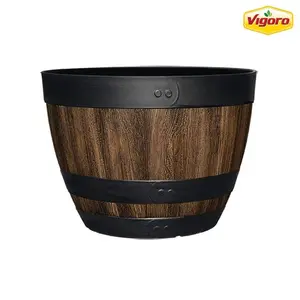 Reedley Medium Kentucky Walnut Brown Resin Wine Barrel Lightweight Round Planter (16 in. L x 16 in. W x 11.5 in. H)
