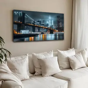 Modern Simple Urban Landscape Canvas Painting New York Skyline Night View World Trade Center Black White Gray Blue Tones Poster for Living Room Bedroom Office Decoration Large Wall Art