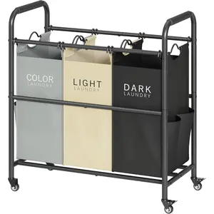 3 Bag Laundry Sorter Cart, Laundry Hamper Sorter Basket with Heavy Duty Lockable Rolling Wheels for Clothes Storage, 3 Colors