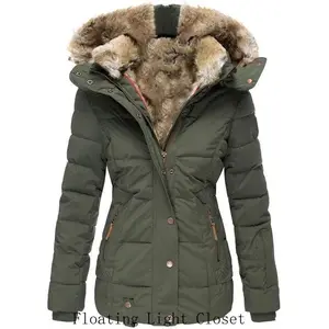 2025 Women's Winter Warm Wool Collar Hooded Coat Slim Fit Zip Long Sleeve Cotton Outerwear Womenswear Jackets