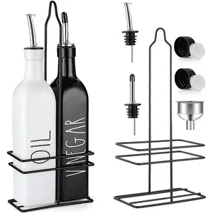 Oil and Vinegar Dispenser Set - Farmhouse Olive and Vinegar Dispenser - Chic Olive Oil Dispenser - Black and White Bottle with spouts and oil bottle top - 2 x 500ml