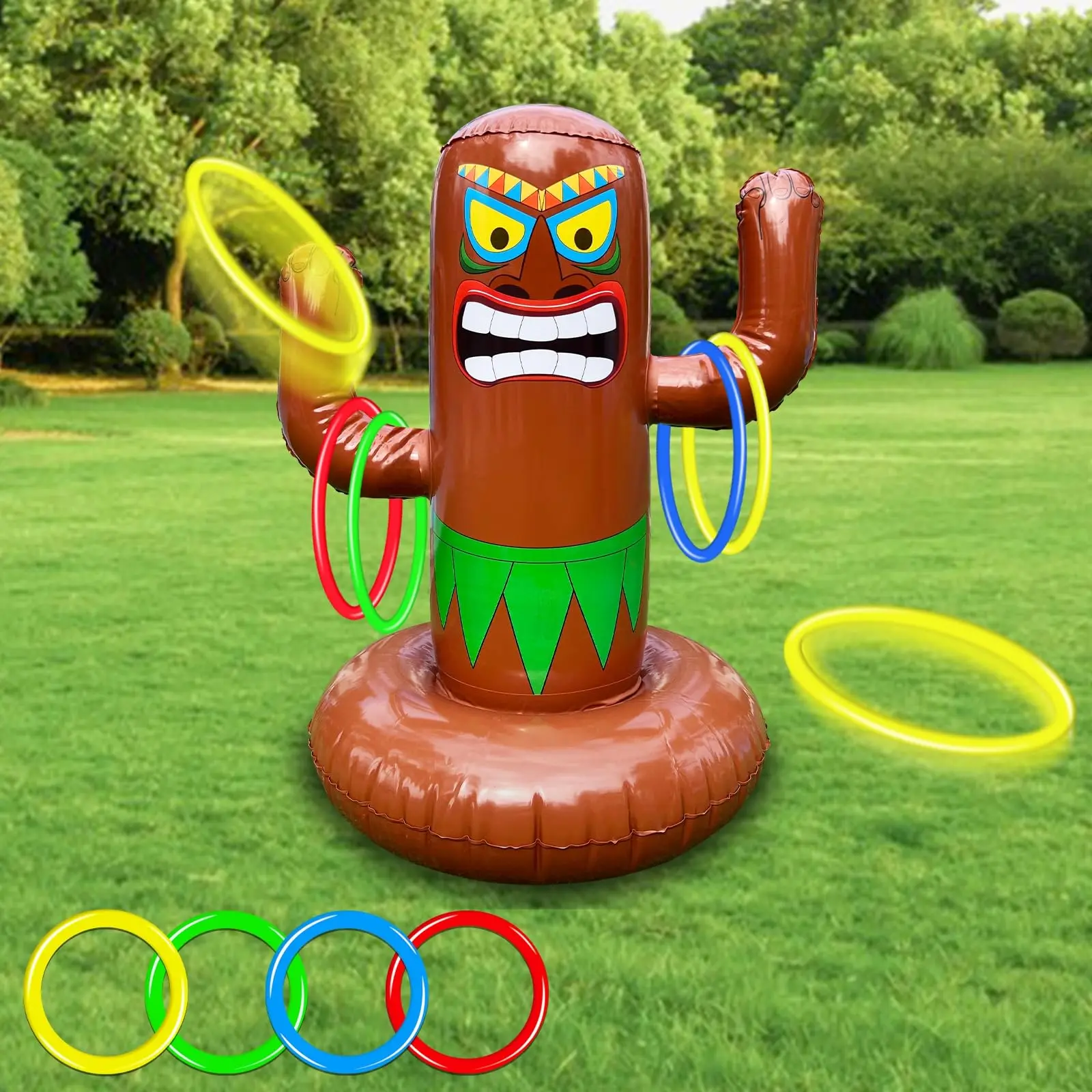 Summervibes Pool Toys Games Set, 25" Luau Tiki Inflatable Pool Toy with 4 Rings Pool Games for Adults Teens Kids Family Pool Party Decorations Pool Toss Game Indoor Outdoor Tropical Summer Swimming Inflatable Bean Bags Toss Hawaiian Luau Party Supplie