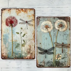 2-piece set of vintage dandelion and dragonfly metal wall decorations 8x12inch Country style, Indoor decoration Suitable for kitchen, cafe, garage, home, bars, restaurants, outdoor spaces