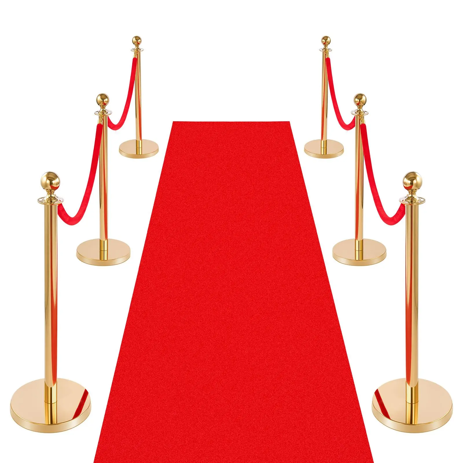VEVOR 6-Pcs Elegant Gold Stainless Steel Stanchion Posts Set - Party Decor Props, 4-Way Rope Link, Refillable Fill-To-Stabilize Hollow Base, Red Velvet Ropes, Red Carpet, Banner Stands, Easy Flexible Installation for Ceremony, Party Backdrops