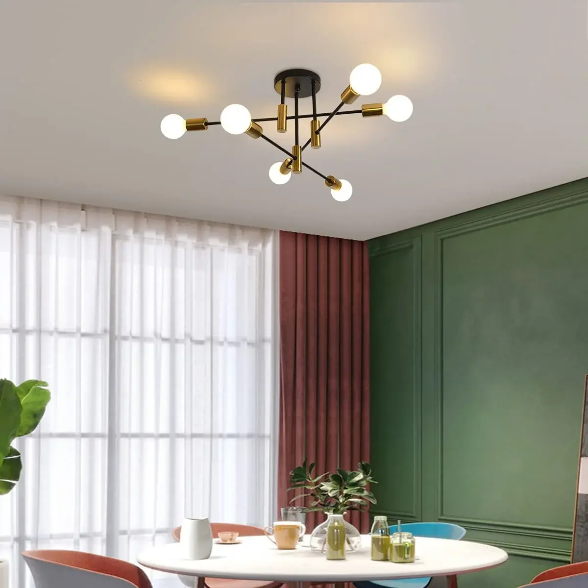 Garwarm 6-Light Sputnik Sphere Chandelier - Semi Flush Mount Decorative Lighting with Rotatable Arms, Rust-Resistant Canopy, Incandescent Compatibility, Dimmable for Indoor Mid-Century Industrial Vintage Restaurant