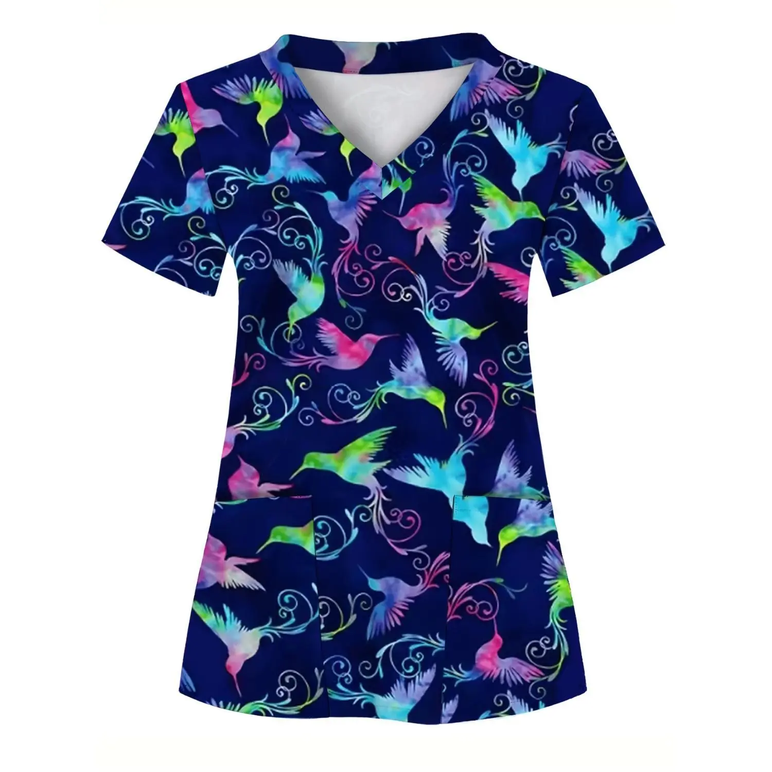 Women's Scrub Top with Vibrant Bird Pattern - Full-Body Print, Two-Pocket Design, Comfortable, Breathable, Professional Workwear for Hospitals, Dental Clinics, Beauty Salons, and Healthcare Settings