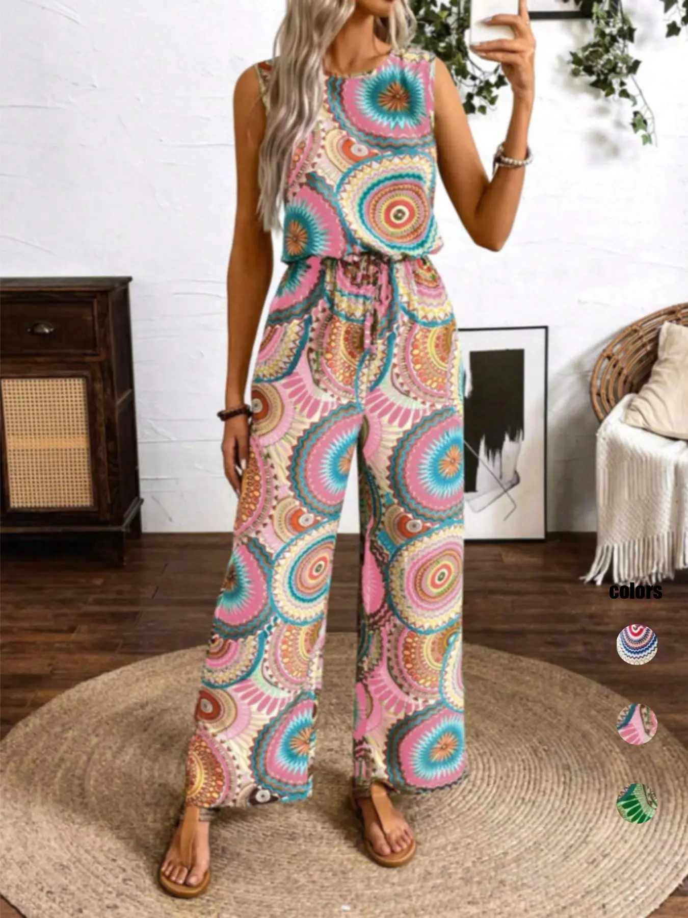 Women's Casual Vintage Bohemian Boho Sleeveless Fitted Full Print Lady Jumpsuit Womenswear, Summer Vacation, Retro Style One-Piece Romper, Comfortable and Stylish, Casual Comfy Overalls, Casual Jumpsuits