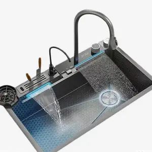 Digital Modern luxury waterfall kitchen Sink Multifunctional large sink black