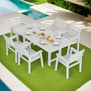 【Ships in 2 Boxes】AMERLIFE 7-Piece Outdoor Dining Set, 71" HDPE Table with 6 Ergonomic Chairs, Large Outside Patio Furniture with Umbrella Hole for Garden, Backyard, Poolside