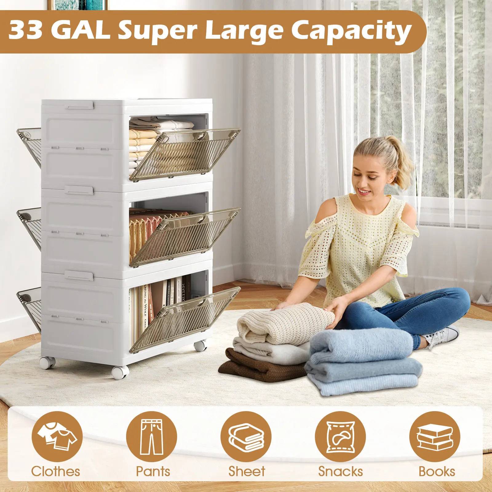 COSTWAY - 33 Gal 3-Pack Stackable Plastic Storage Bins with Lid for Bedroom Living Room-White