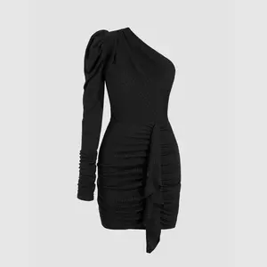 Cider [2 colors, size 0-26] Metallic One Shoulder Asymmetrical Neck Ruched Mini Dress Dealsforyou