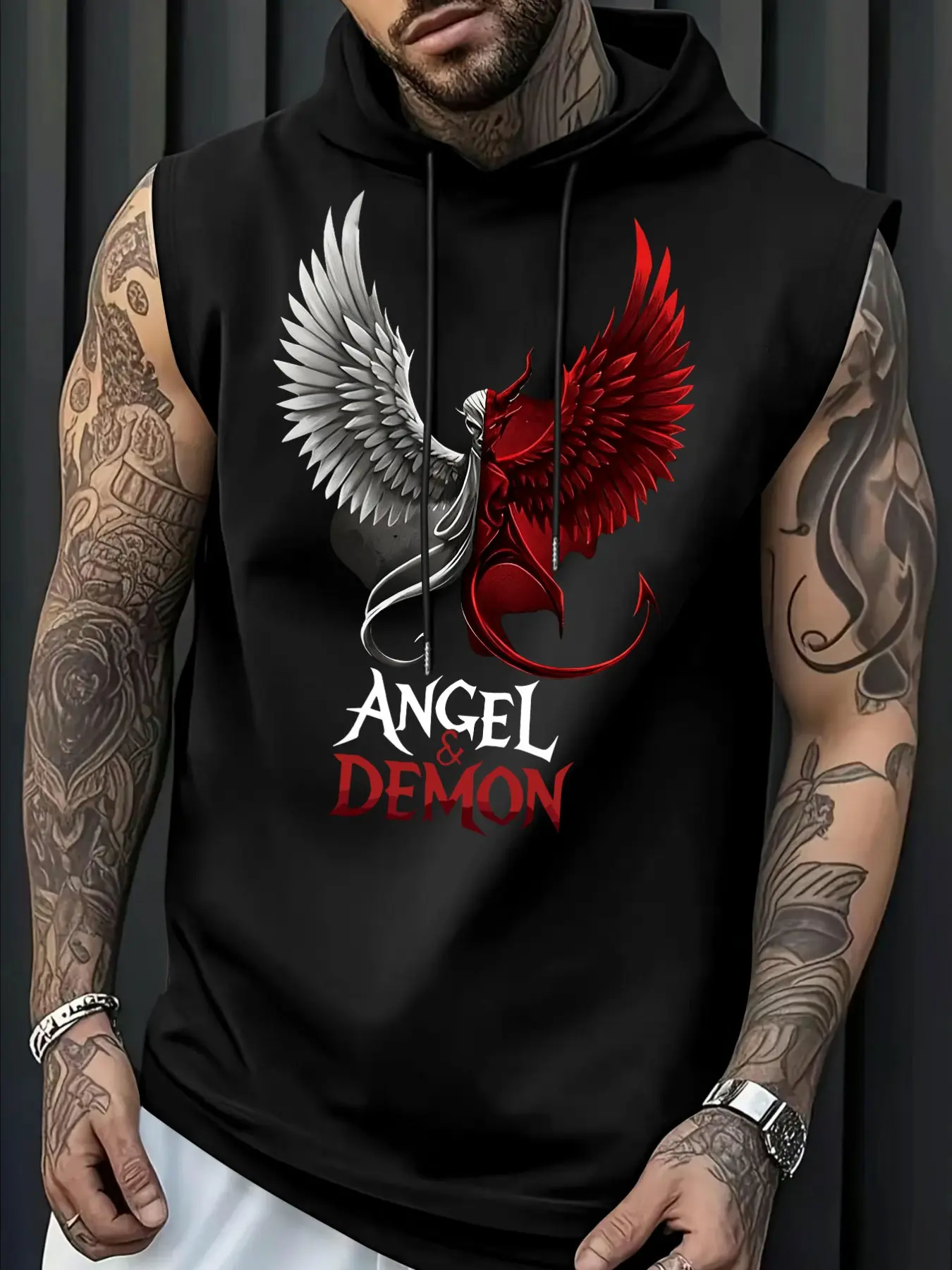 Men's Summer Moisture-Wicking Hooded Tank Top, Breathable Sleeveless T-Shirt, Casual Sports Style, Angel Devil Wings Letter Print Design, Casual Sports Tops
