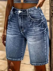 Women's Denim Jean Shorts Bottom Vintage Elastic Blue Slim Fit Casual All Seasons, Stylish Multi-Purpose Mid-Thigh Pants for Everyday Wear Womenswear