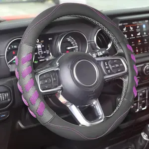 Car Steering Wheel Cover Breathable Leather, Anti-Slip Sporty, 3D Honeycomb Hole, Steering Wheel Accessories Men Women, Universal 15 inch, Black Purple