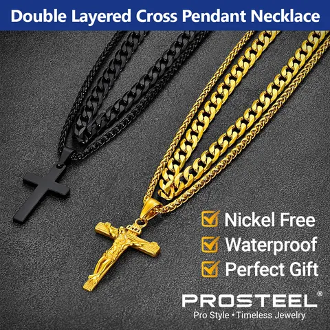 PROSTEEL Double Layered Cross Pendant Necklace Set Stainless Steel Catholic Crucifix Cuban Chain Necklace Religious Jewelry For Men Women Gift Box