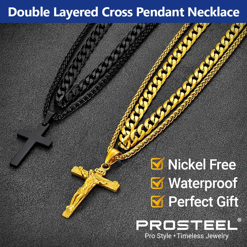 PROSTEEL Double Layered Cross Pendant Necklace Set Stainless Steel Catholic Crucifix Cuban Chain Necklace Religious Jewelry For Men Women Gift Box