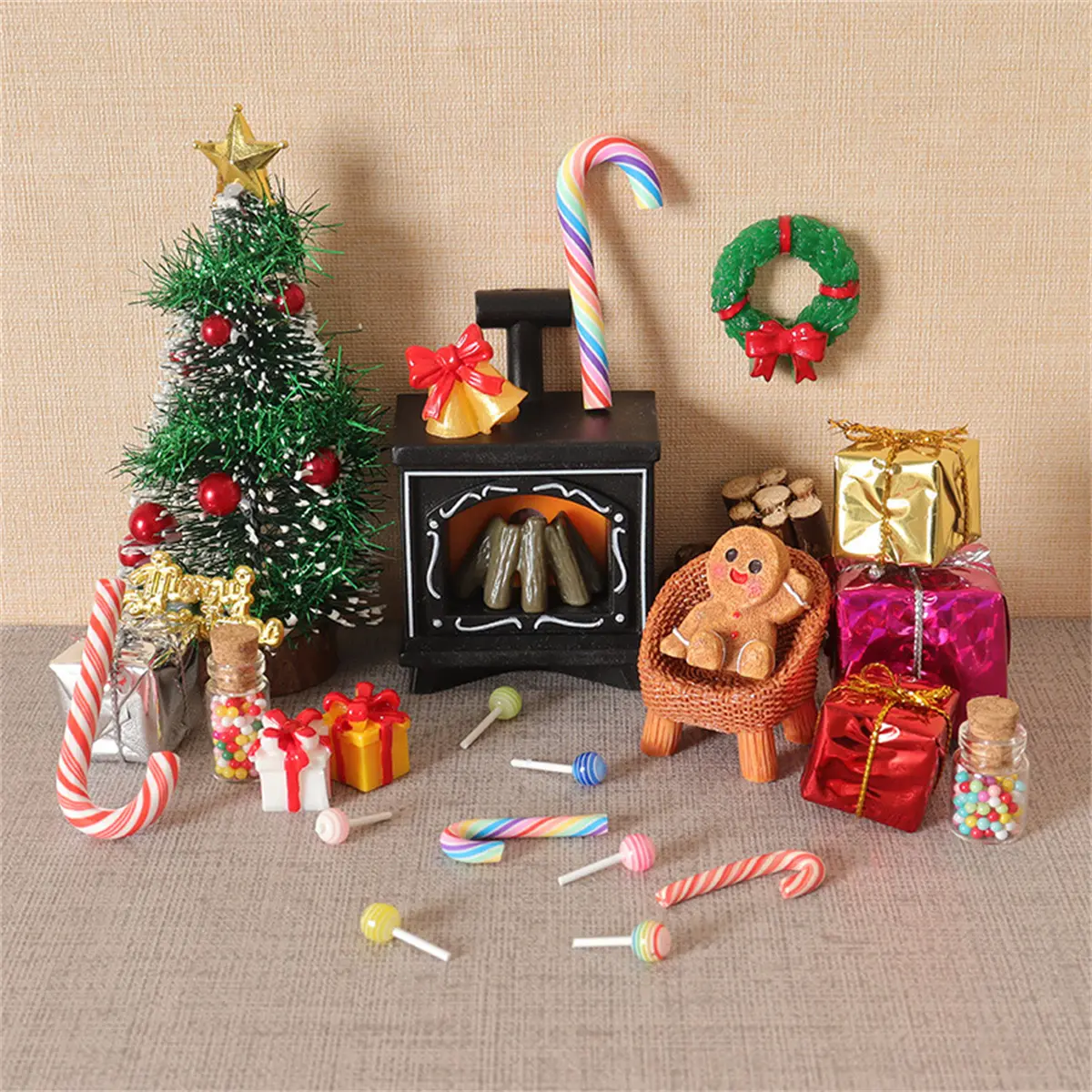 1:12 Scale Unisex Christmas Dollhouse Decor Set (26pcs) - Elk Sleigh, Cedar Christmas Tree, Santa Claus, Candy, Glowing Fireplace & Holiday Parts, Realistic Handmade Miniature Scene Accessories for Dollhouse Lovers